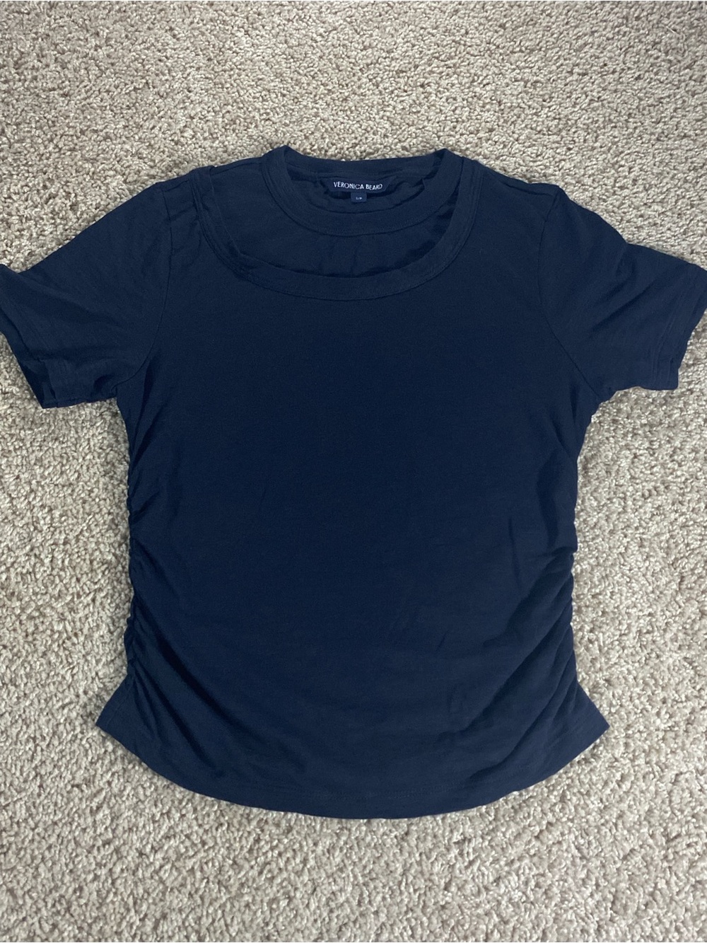 Veronica Beard Damian Ruched Double-Collar Navy Blue Tee Shirt Small Fall